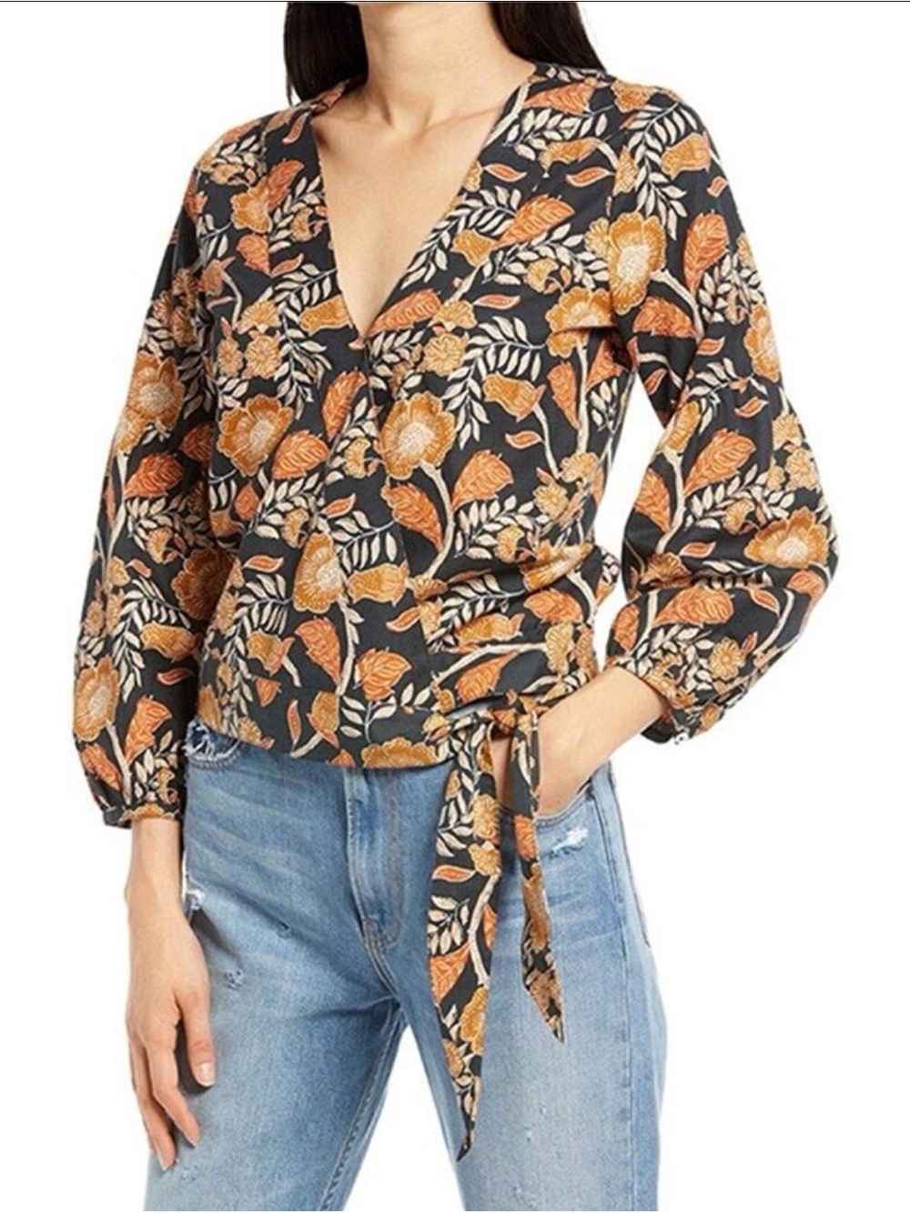 Faherty Black Floral Wrap Jacket with Mustard & Rust